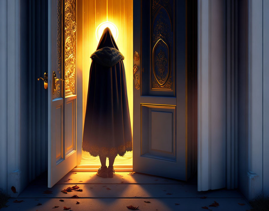 Silhouetted figure in cloak at open door in warm light against night backdrop with scattered leaves