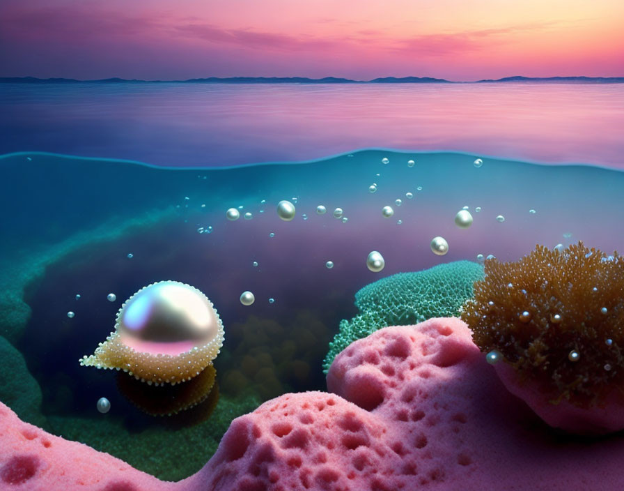 Tranquil underwater scene with clam, bubbles, and coral at sunset