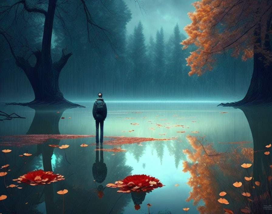 Autumn scene: person by misty lake with reflection and foliage.