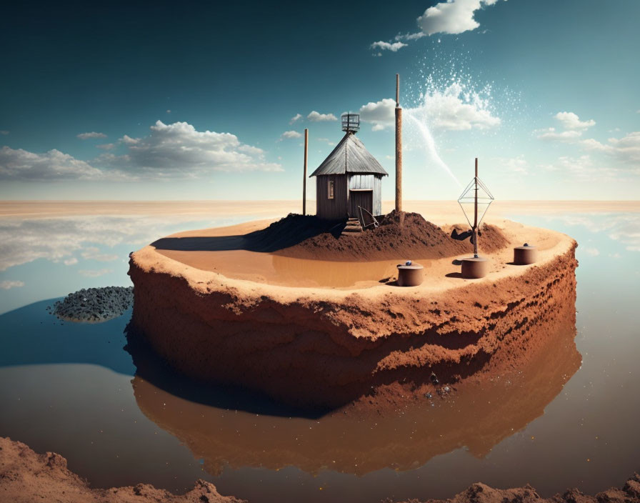 Desert Island Scene with Shack, Windmill, and Floating Water Source