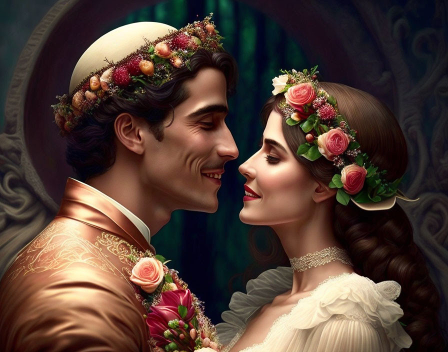 Man and woman in floral crowns in vintage attire, sharing a romantic moment.