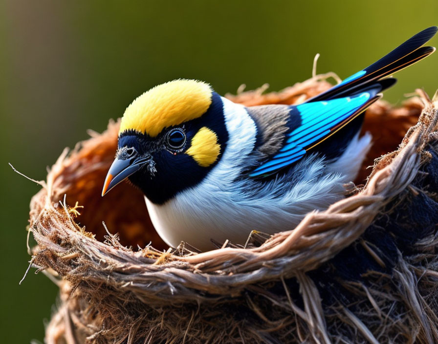 Colorful bird with yellow and black head markings in twig nest with blue wings on green background.