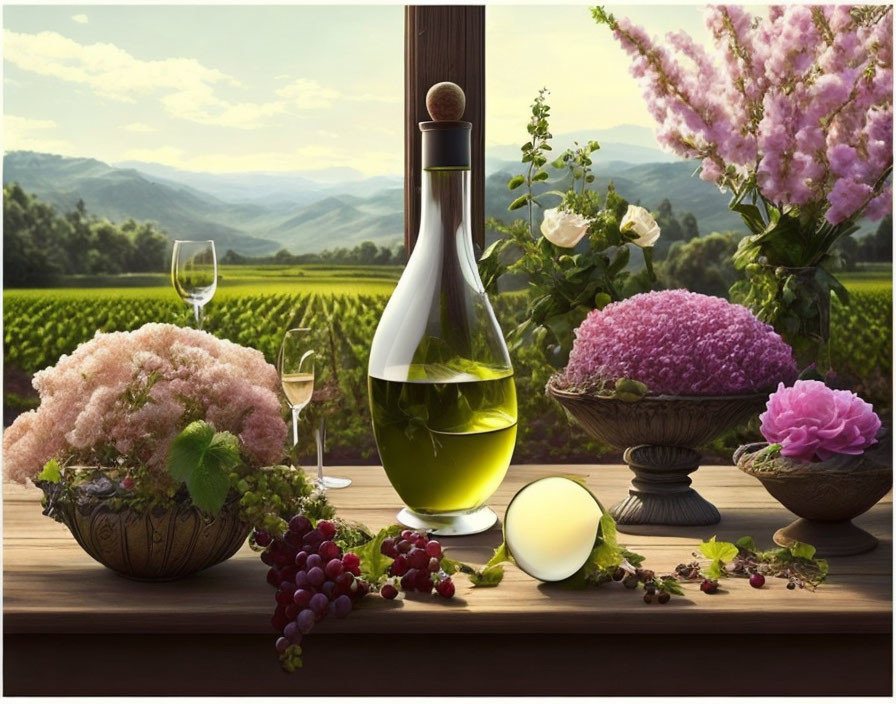 Tranquil Vineyard Scene with White Wine Bottle, Glass, Grapes, Flowers, and Candle