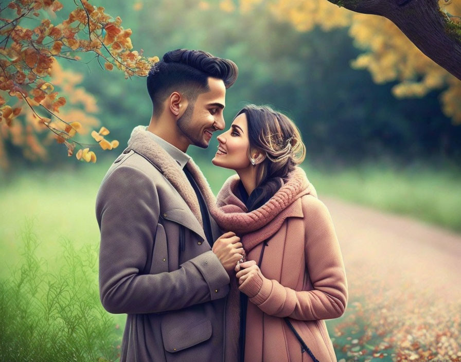 Affectionate couple in warm coats under autumn trees