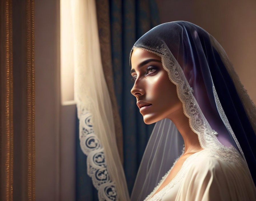 Woman in lace veil gazing out of window in soft light