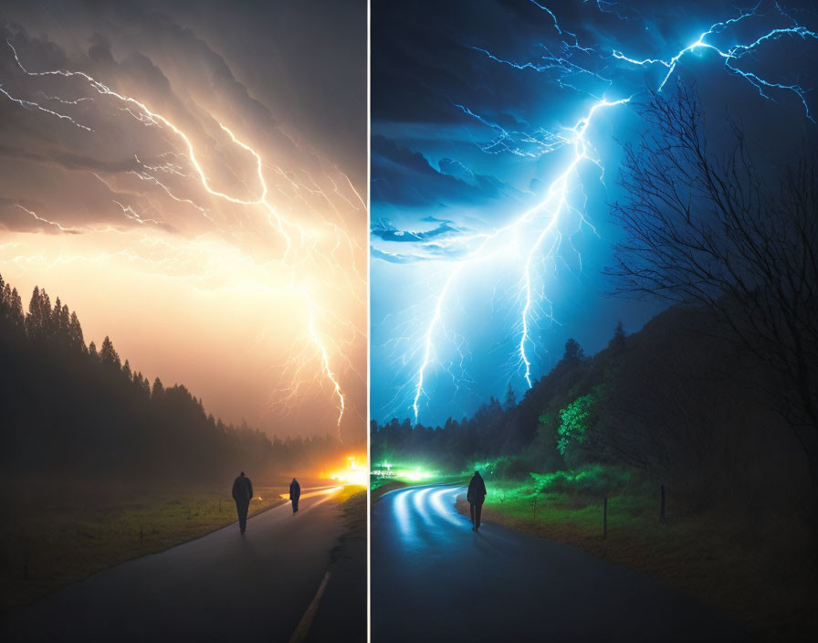 Split-view image: Person walking in warm vs. cool lightning storm