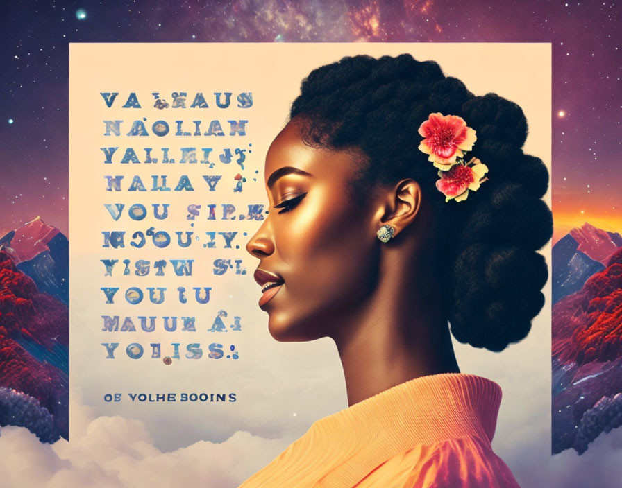 Profile view woman with flower, text overlay, mountain background, starry sky