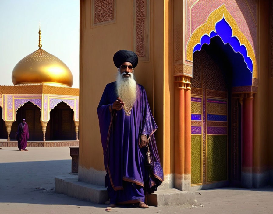 Traditional Sikh man near ornate archway with golden domes.