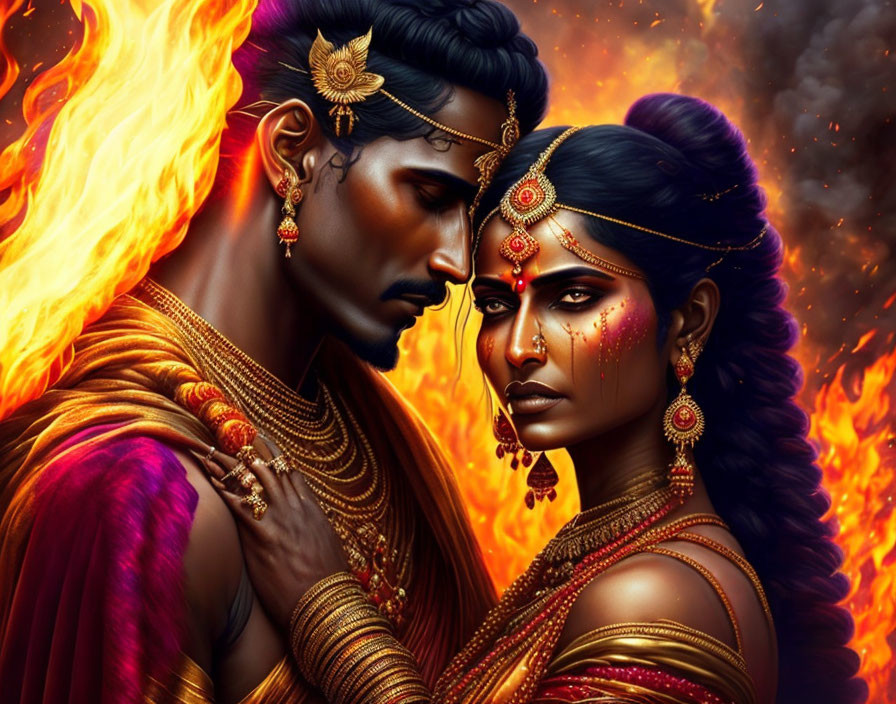 Man and woman in traditional Indian attire with ornate jewelry against fiery backdrop.