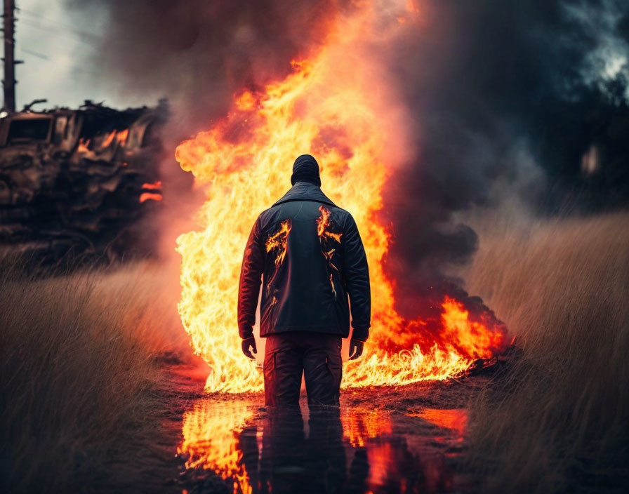 Person walking towards raging fire on path with fiery backdrop and wreckage in background.