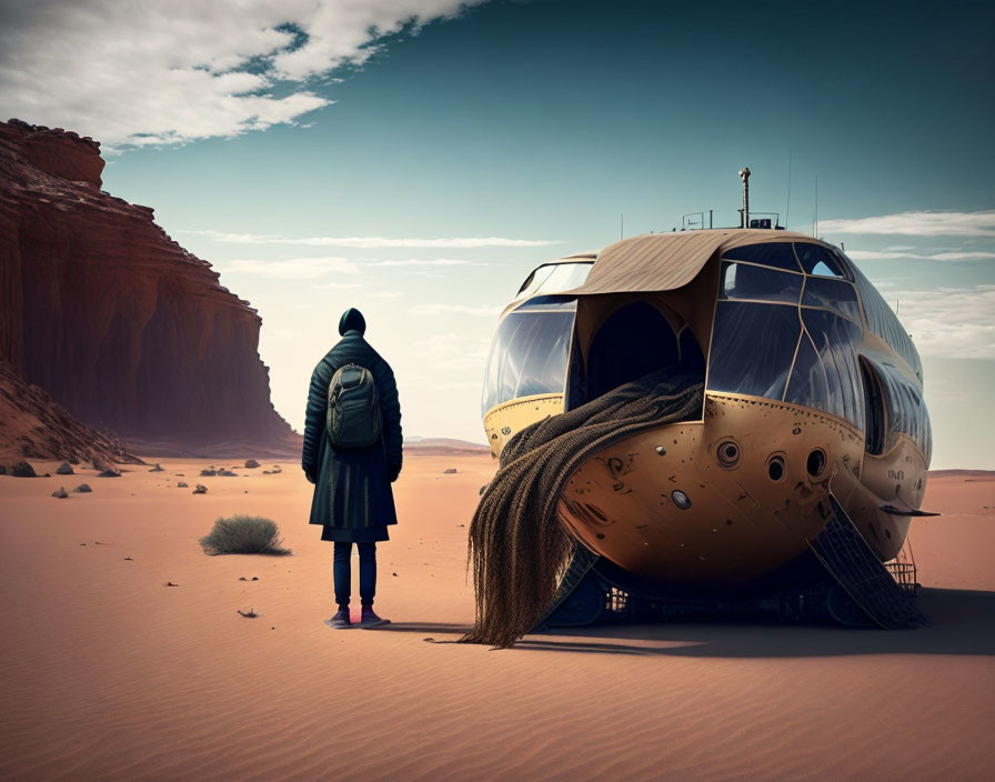 Person in Jacket Observing Futuristic Spherical Vehicle in Desert