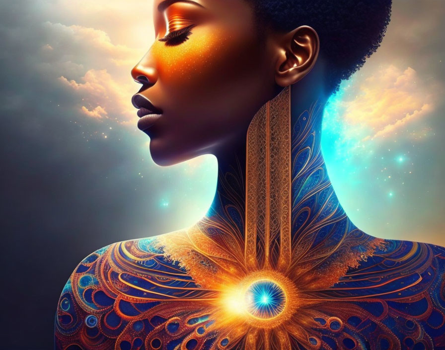 Digital artwork featuring woman with cosmic motif and intricate designs, emitting mystical aura