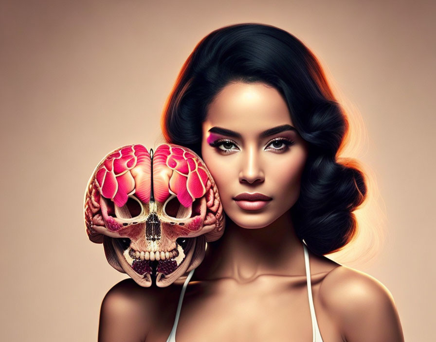 Colorful Snake Skull Juxtaposed with Woman in Glam Makeup