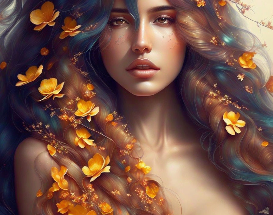 Woman with Blue Wavy Hair, Yellow Flowers, and Butterflies in Mystical Digital Art