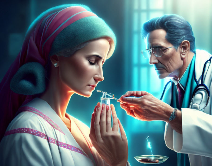 Illustration of woman praying with closed eyes holding potion, doctor with vial.