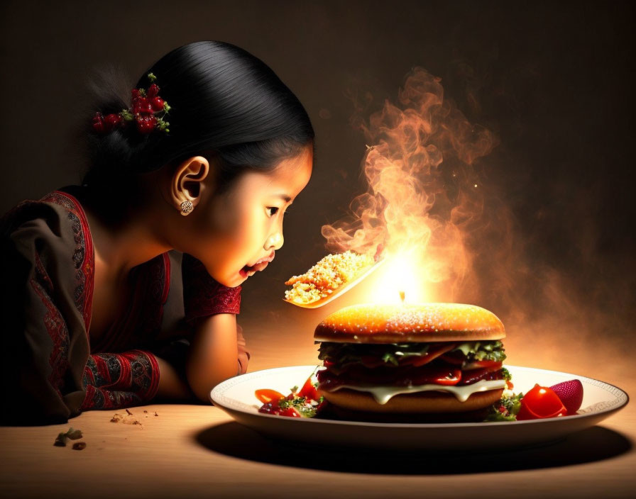 Girl in traditional attire admiring glowing burger on plate