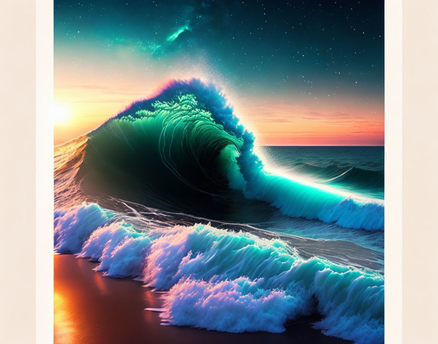 Colorful Towering Wave Cresting Under Starry Night Sky at Sunset