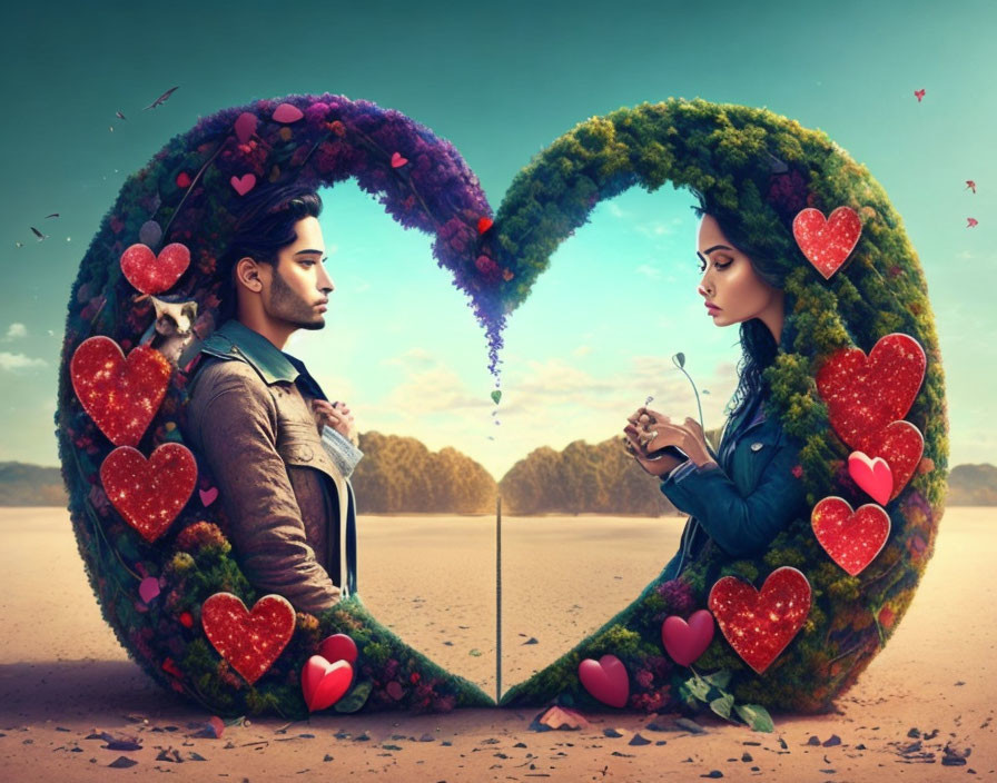 Surreal image: Man and woman in heart-shaped topiary with red hearts and butterflies