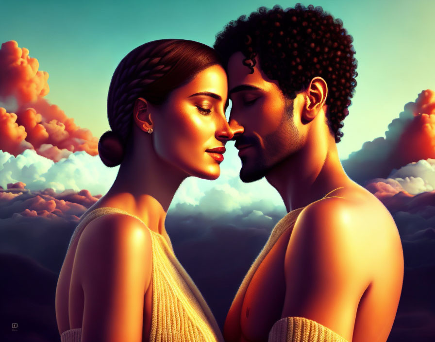 Man and woman nose-to-nose in sunset kiss illustration