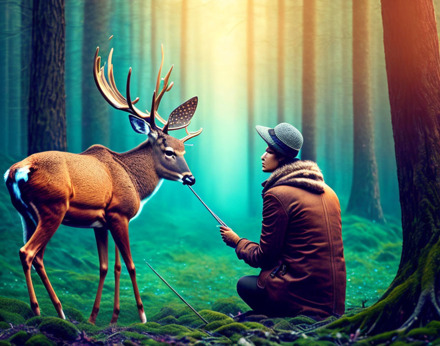 Person in Coat and Hat Touching Deer's Antler in Misty Forest