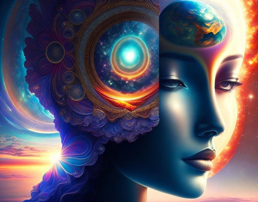 Digital artwork of woman's profile with cosmic mandala, Earth, and sunrise/sunset