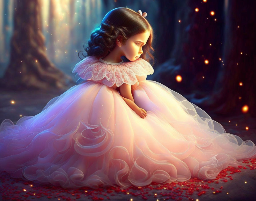 Young girl in pink dress in magical forest with soft light and red petals