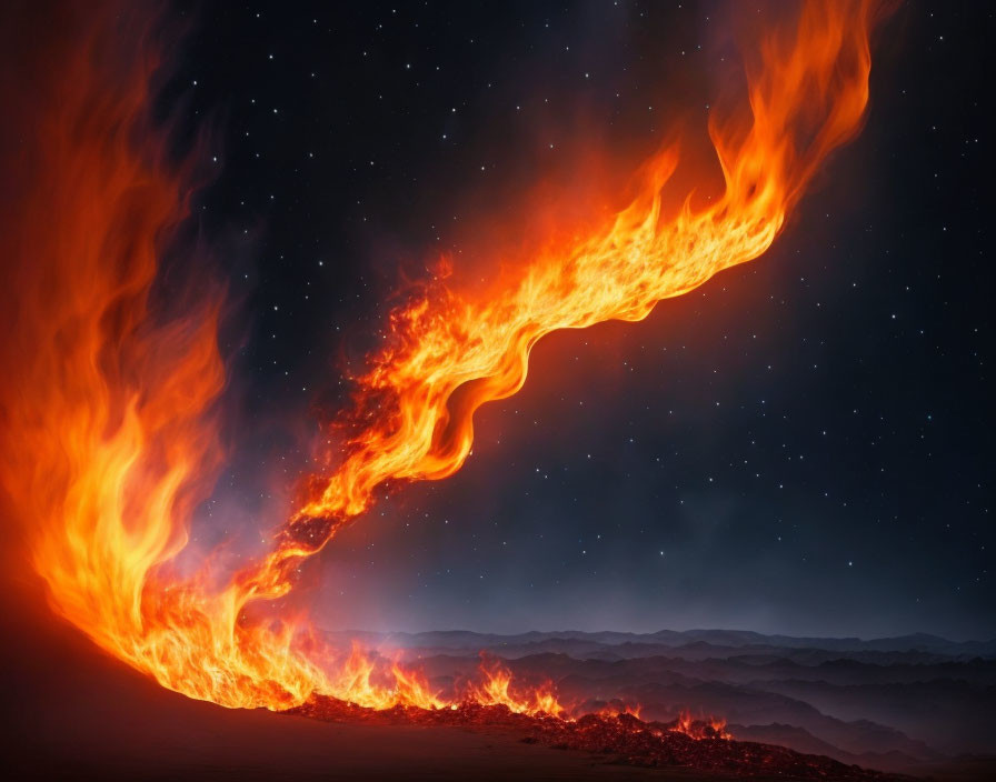 Fiery dragon-like blaze in nocturnal landscape