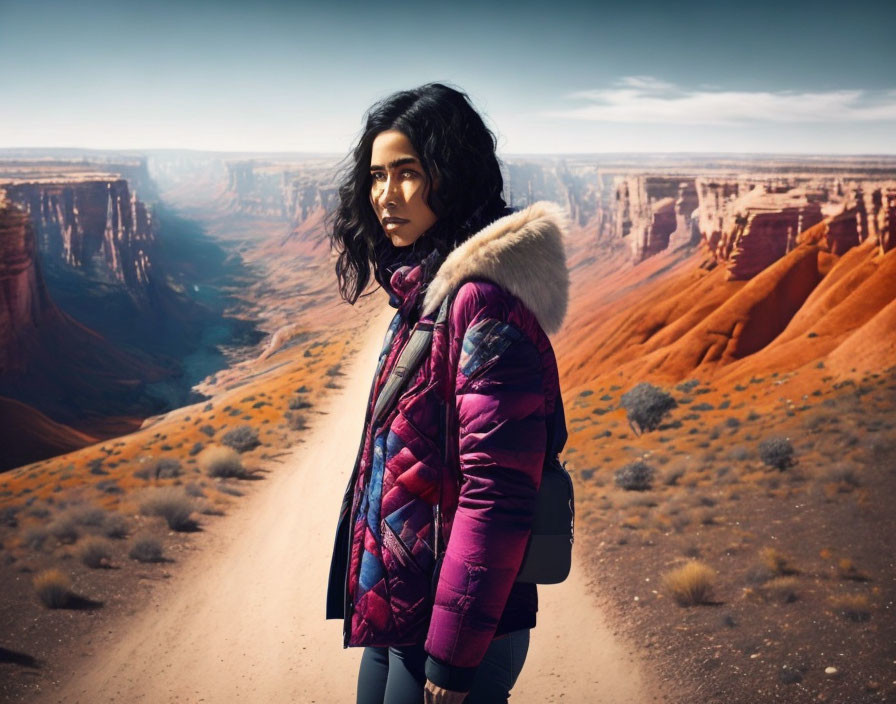 Person in Purple Jacket Stands in Desert Canyon Landscape