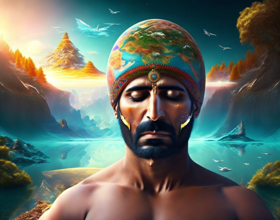 Man with Globe on Head in Surreal Landscape