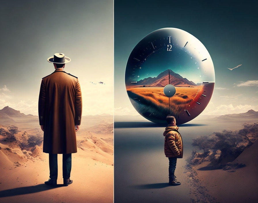 Split-image: Man in trench coat gazes at desert on left, child and clock on right.