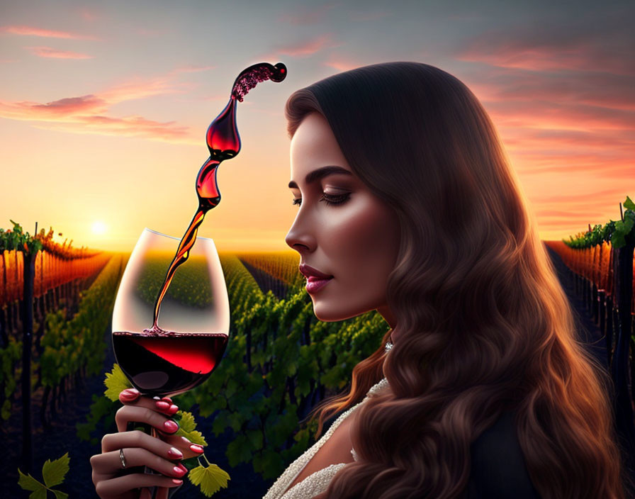 Woman with long wavy hair holding red wine glass in vineyard at sunset