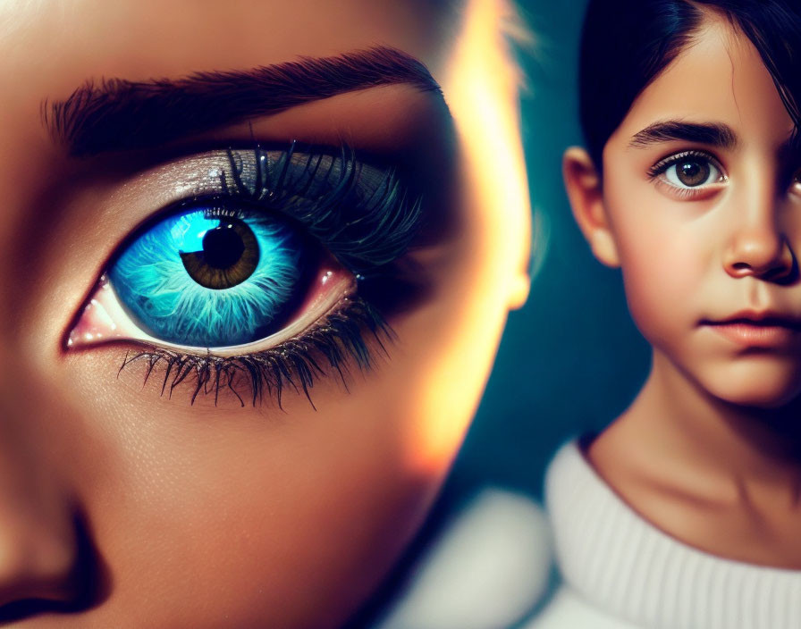 Detailed close-up of child's striking blue eye and softly lit portrait.