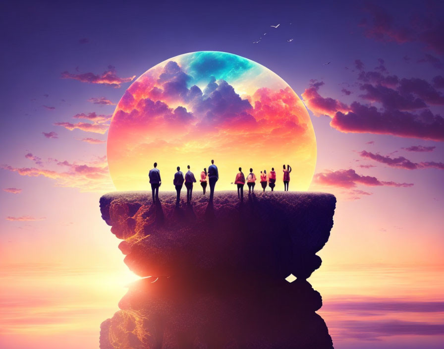 Silhouetted group on cliff edge under vibrant sunset with surreal moon