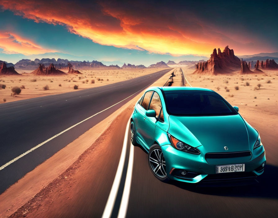 Teal Car Driving on Desert Road at Sunset