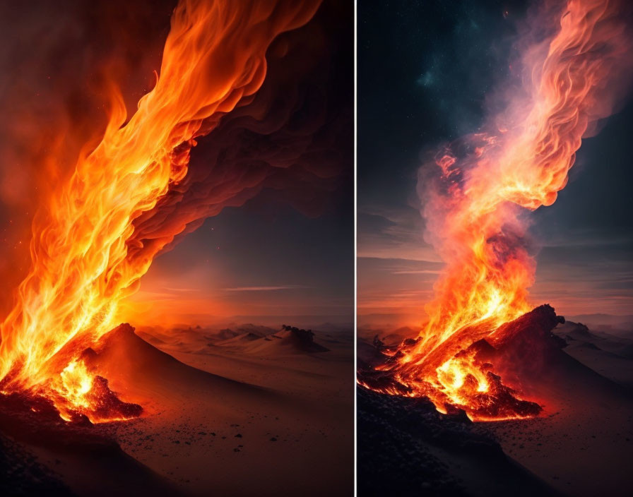 Diptych of volcano eruption at night with lava flow and starry sky