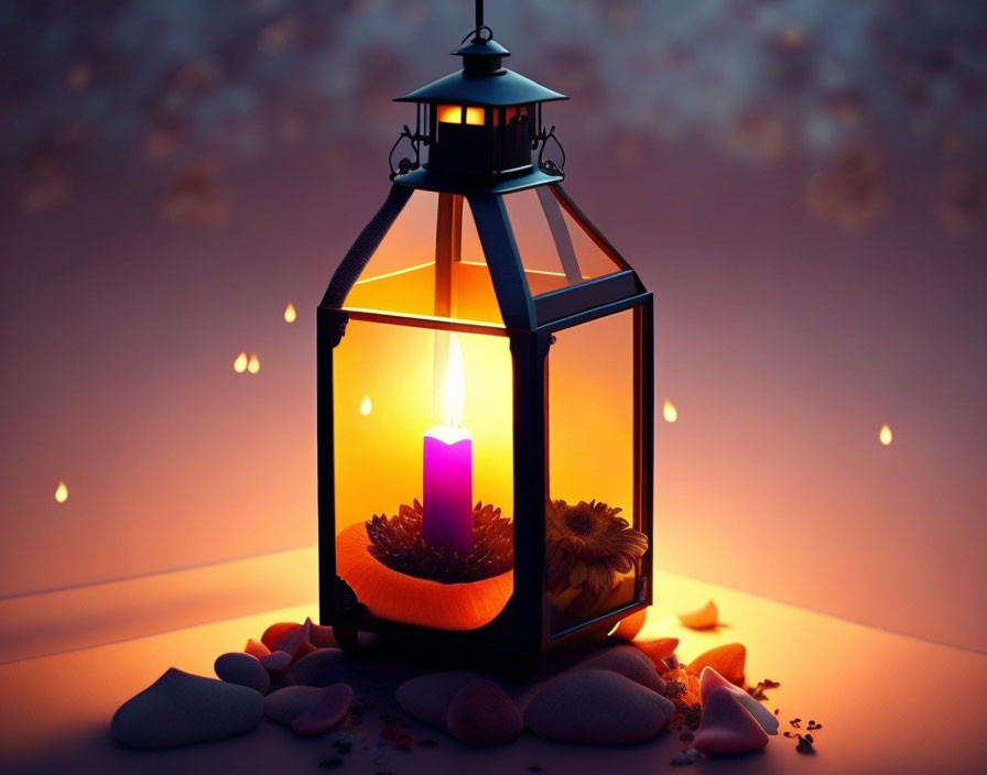 Glowing candle lantern with stones, pinecones, and petals on warm background.