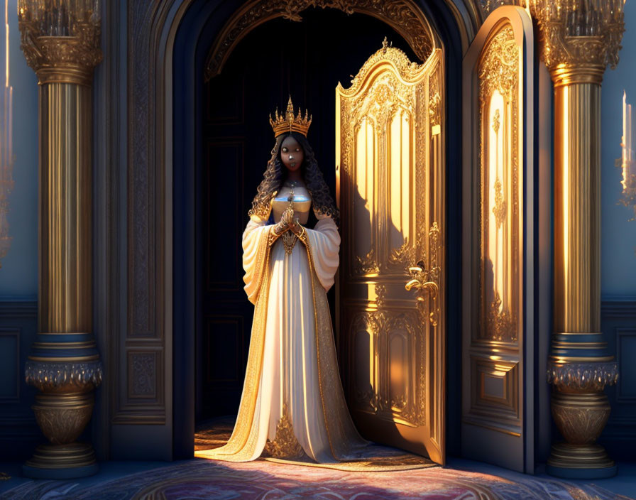 Regal queen in golden crown and robe by ornate throne in luxurious blue room