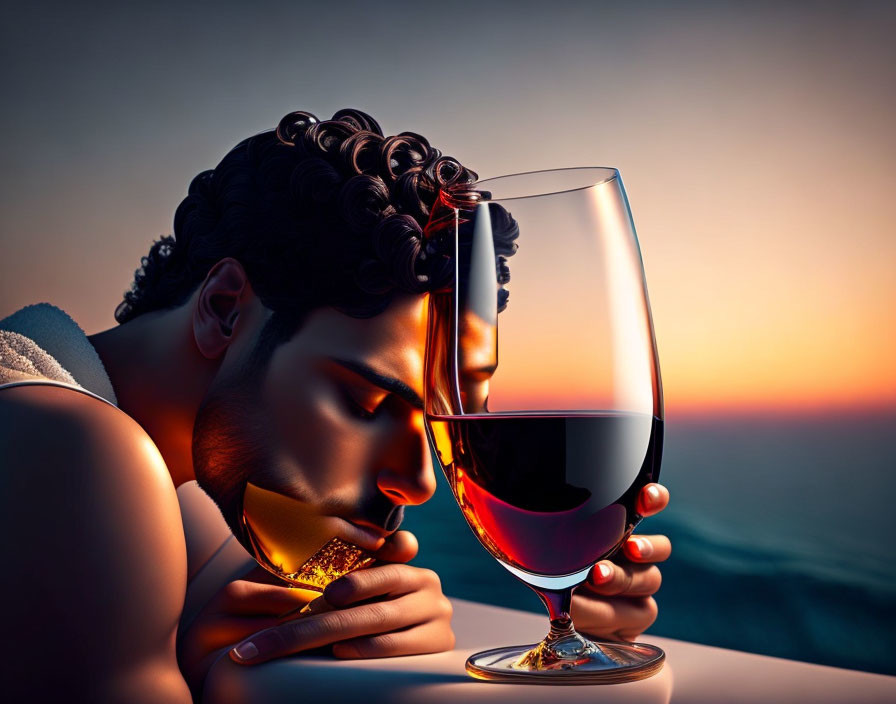 Person with Curly Hair Resting Head on Wine Glass Against Sunset