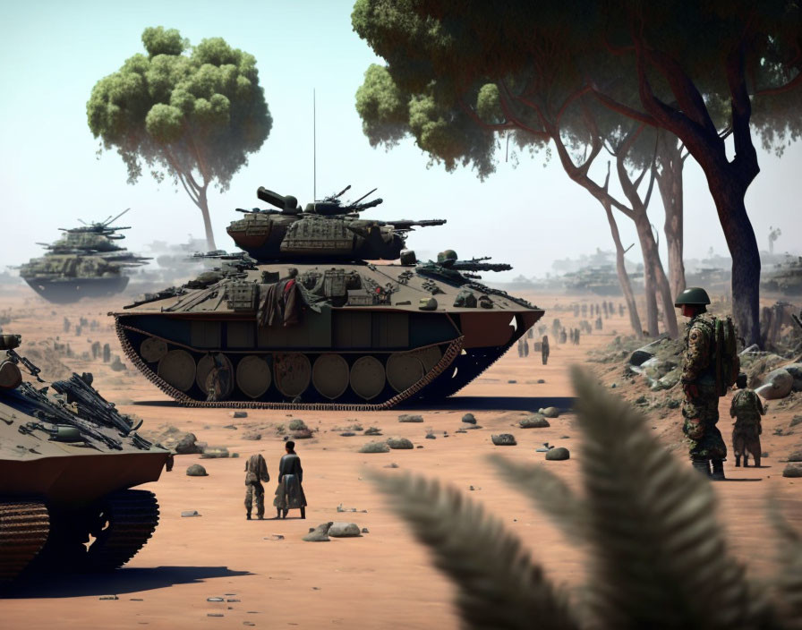 Military scene with armed soldiers, tanks, desert environment, sparse vegetation, clear sky