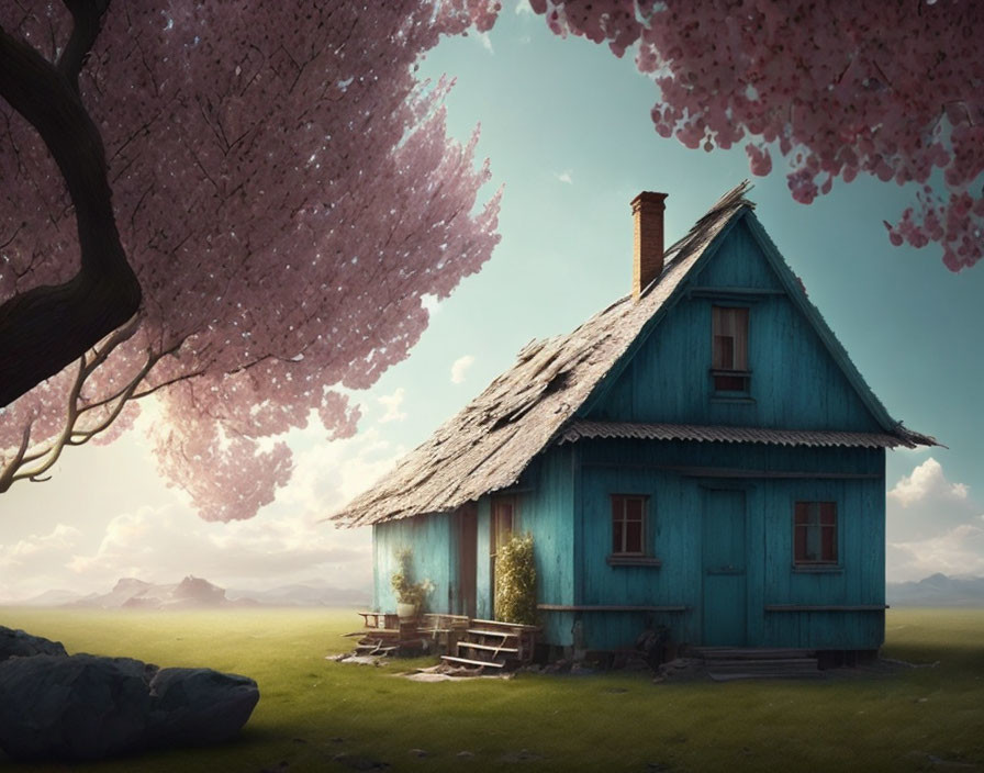 Blue House under Cherry Blossom Tree in Meadow with Mountains