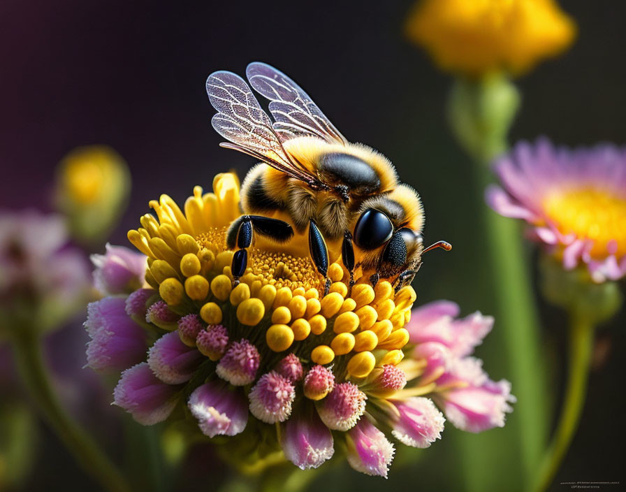 Bee on vibrant pink and yellow flower with translucent wings