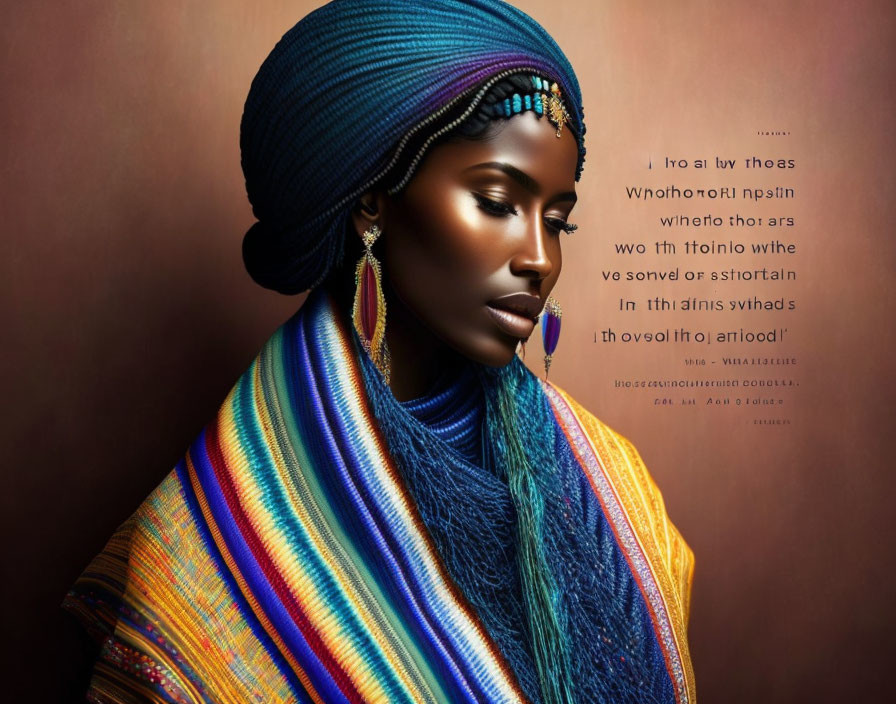 Colorful Headwrap and Shawl Woman Poses Pensively