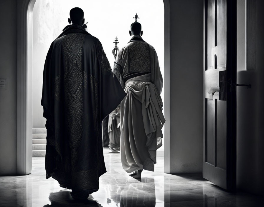 Two figures in ornate robes walking through arched doorways, casting shadows on reflective floor.