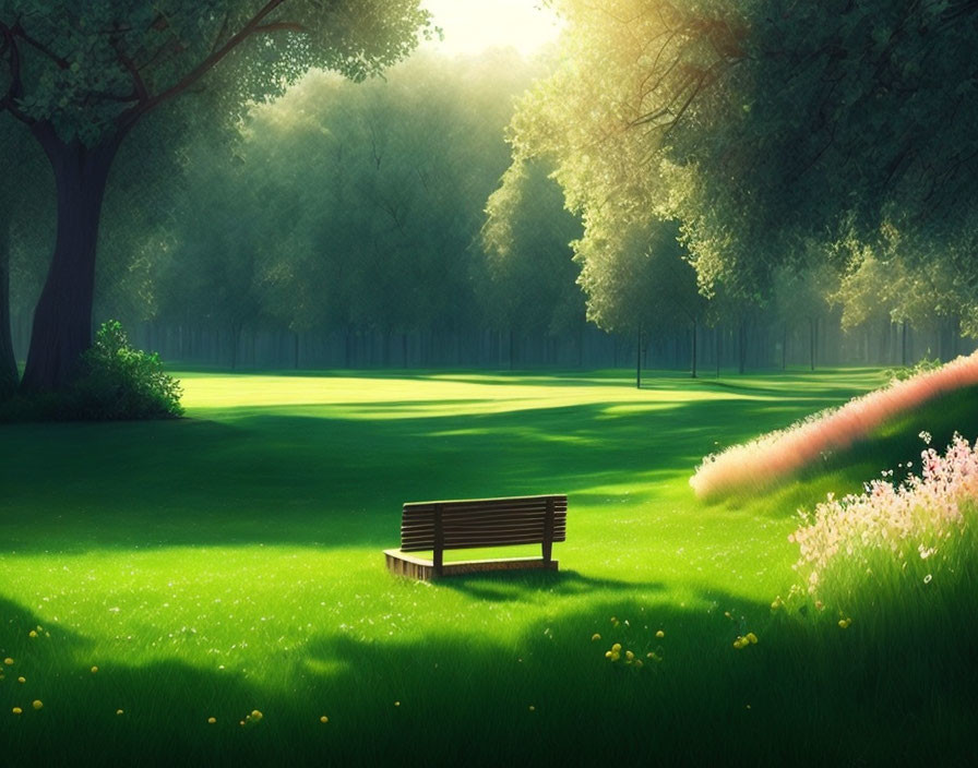 Tranquil Park Scene with Green Grass, Wooden Bench, and Tall Trees