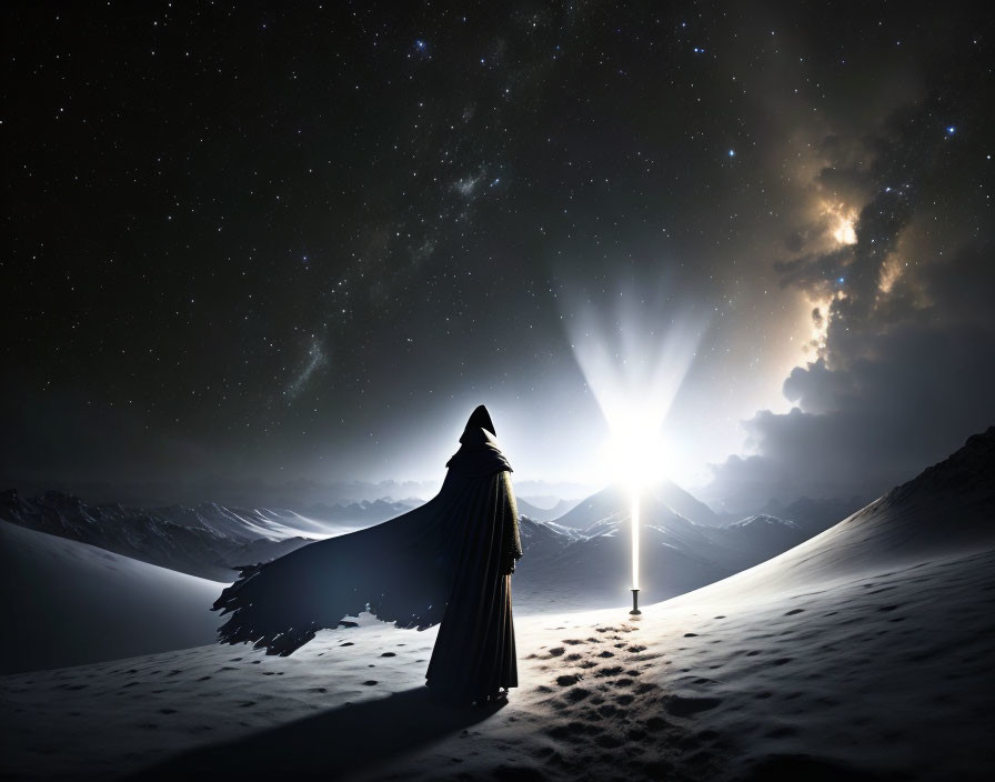 Mysterious figure with glowing sword in snowy landscape