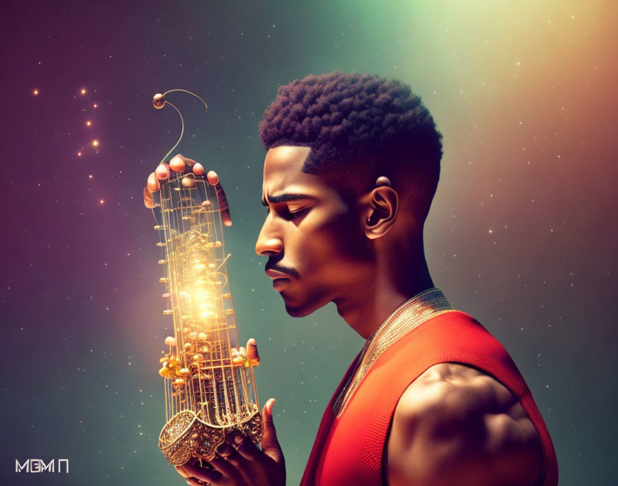 Young man with high-top fade admires glowing string instrument under starry sky