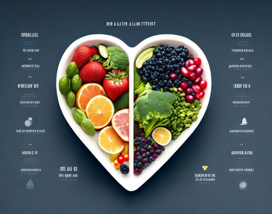 Colorful Healthy Foods on Heart-Shaped Plate with Text Labels