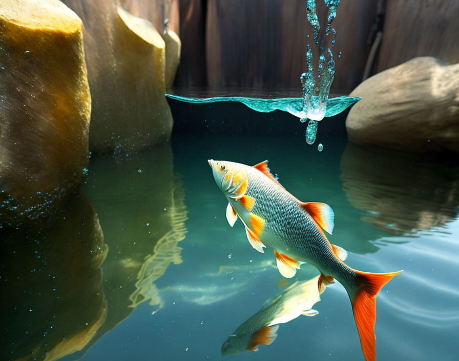 Vibrant orange and silver fish leaping near rock with water droplets.