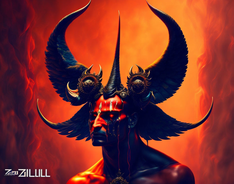 Fantasy-themed person with demonic makeup, horns, and wings in fiery setting