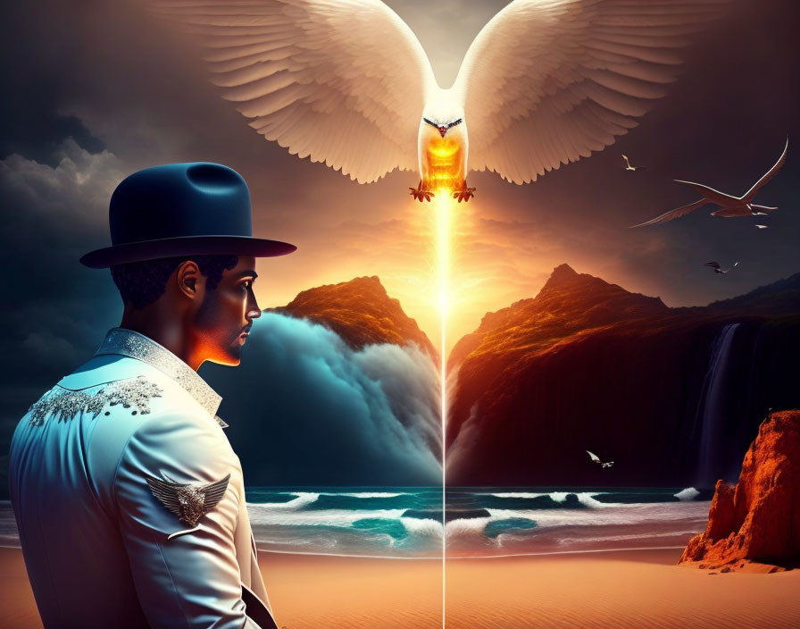 Composite surreal image: man in blue hat gazes at split view of sunset waterfall and beach with soaring